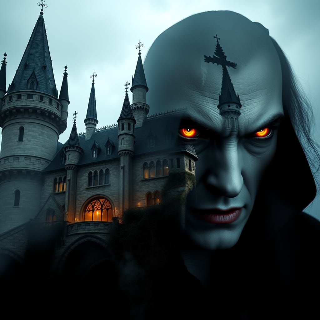 Gothic Castle and Vampire Double Exposure