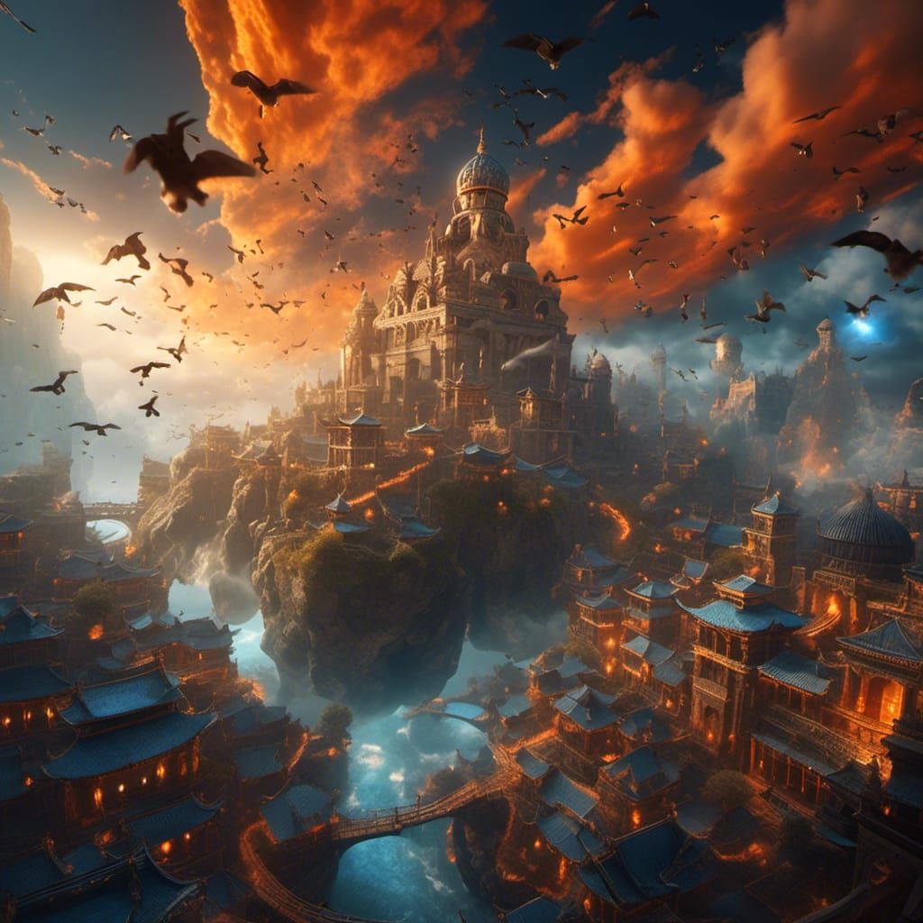 Flying Cats in Thunderstorm Fantasy Matte Painting