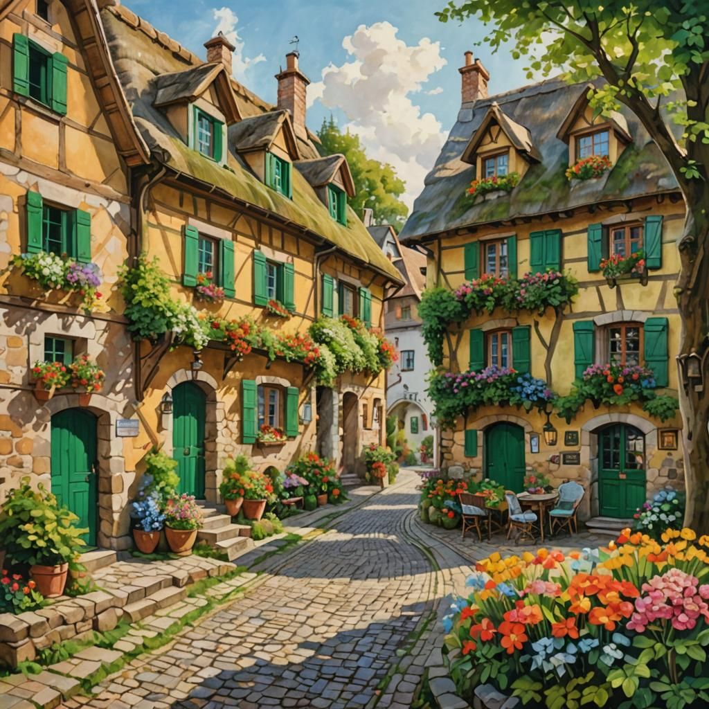 Charming European Village Scene with Thatched Roof House