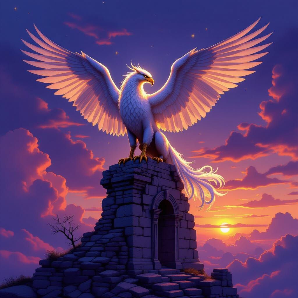 Griffin Atop Ancient Ruins in Surreal Twilight