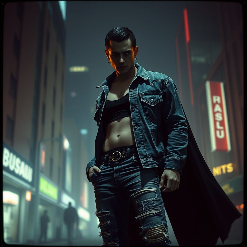 Gritty Vampire in Dystopian Cityscape