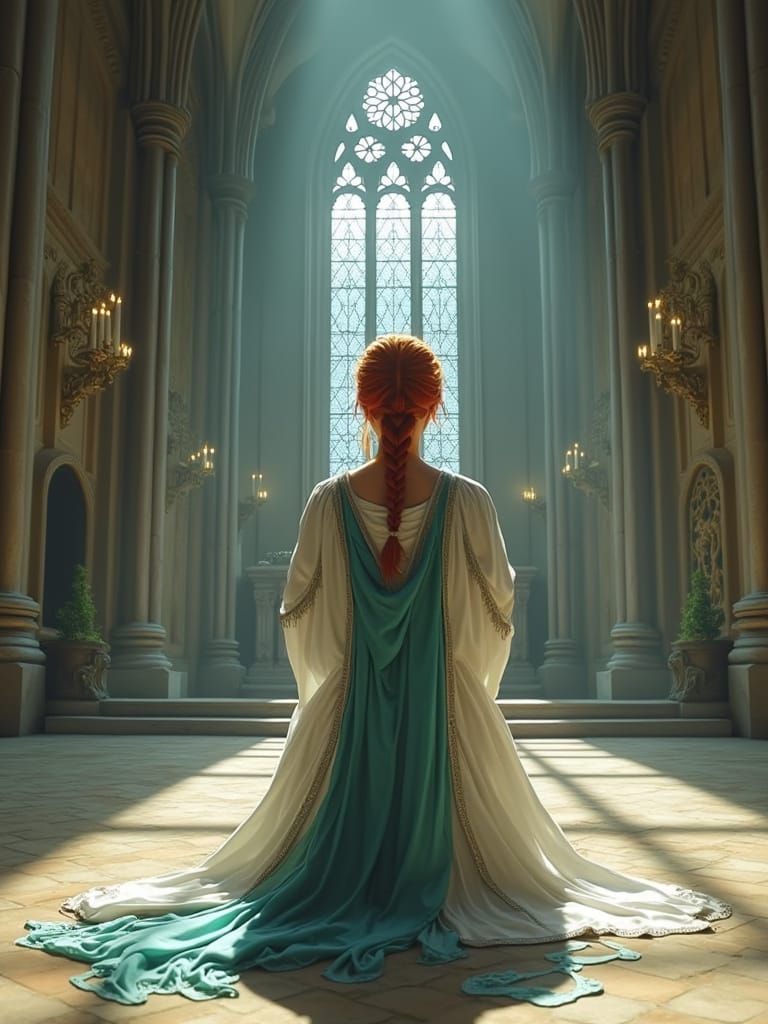 Gothic Cathedral Scene: Woman in Prayer