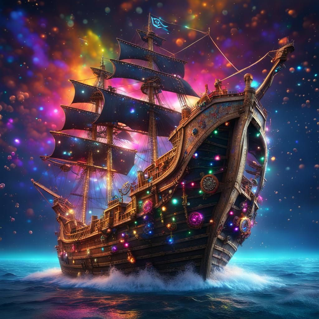 Pirate Ship on Sparkling Sea in Graffiti Art Style
