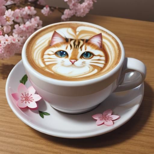 Cat Latte Art with Cherry Blossoms