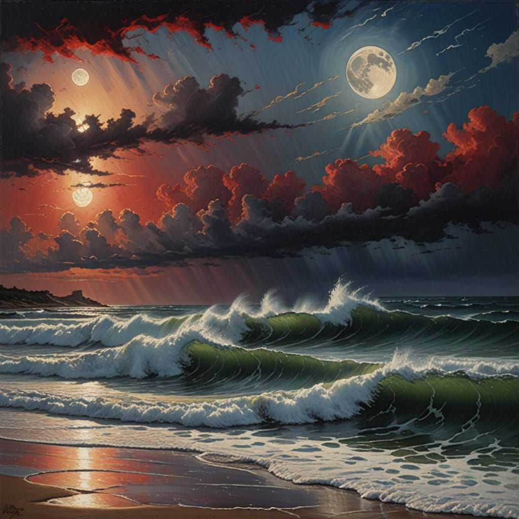 Tsunami Crashing Ashore Under Moonlit Storm Clouds