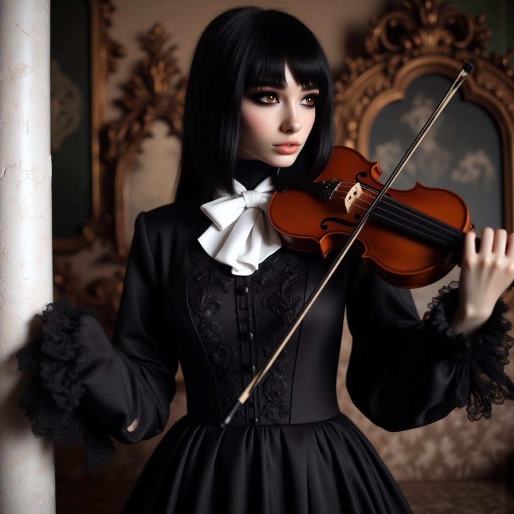 Elegant Victorian-Era Woman Plays Violin with Poise and Conf...
