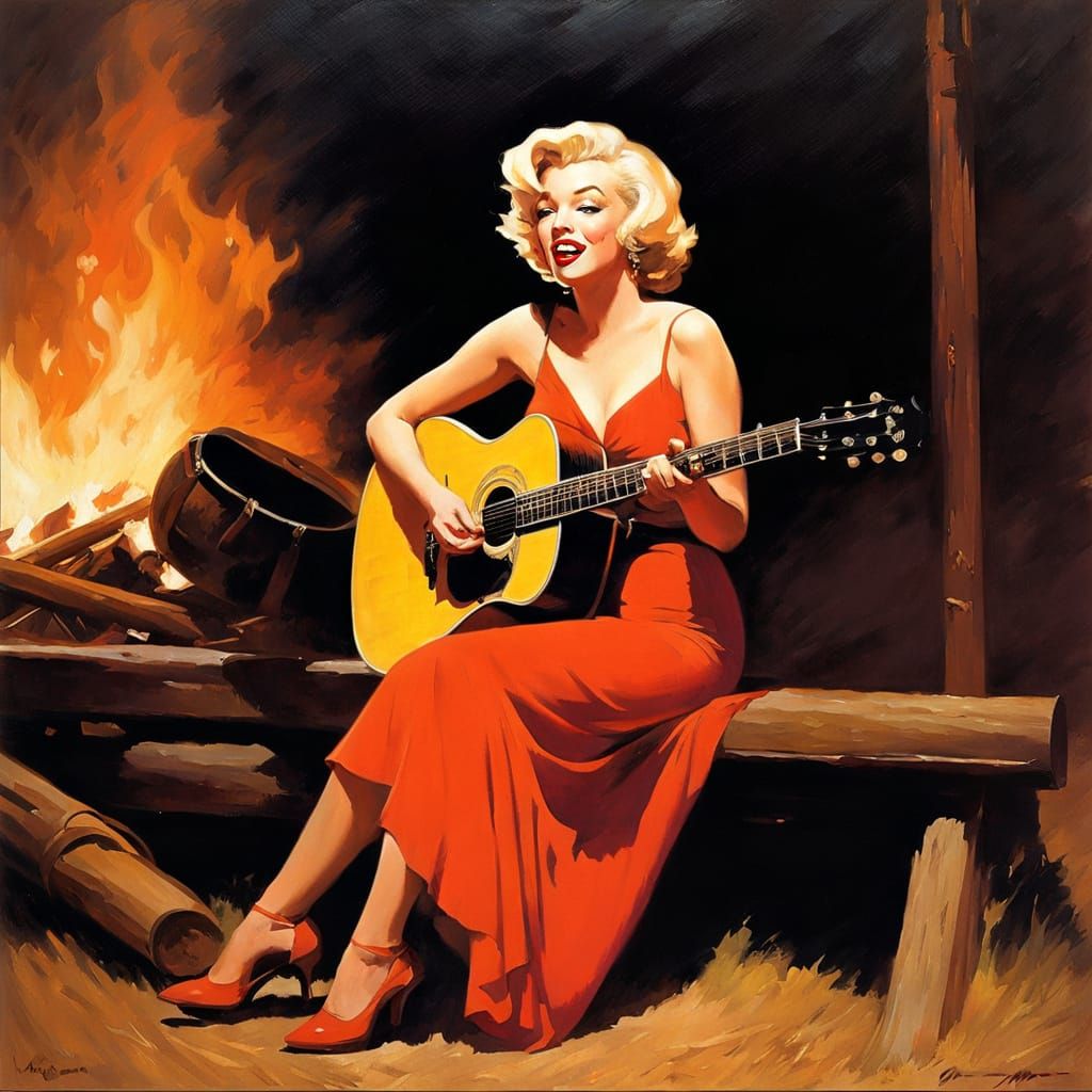 Impressionistic Saloon Woman Singing by Campfire Light