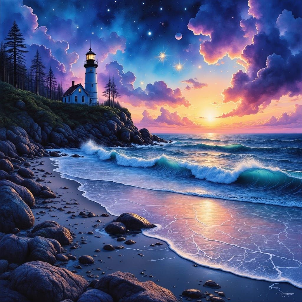 Serene Beach Sunset with Lighthouse and Moon in Fantasy Styl...
