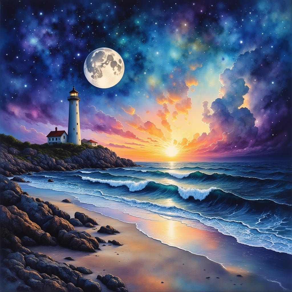 Serene Beach Sunset with Lighthouse and Full Moon