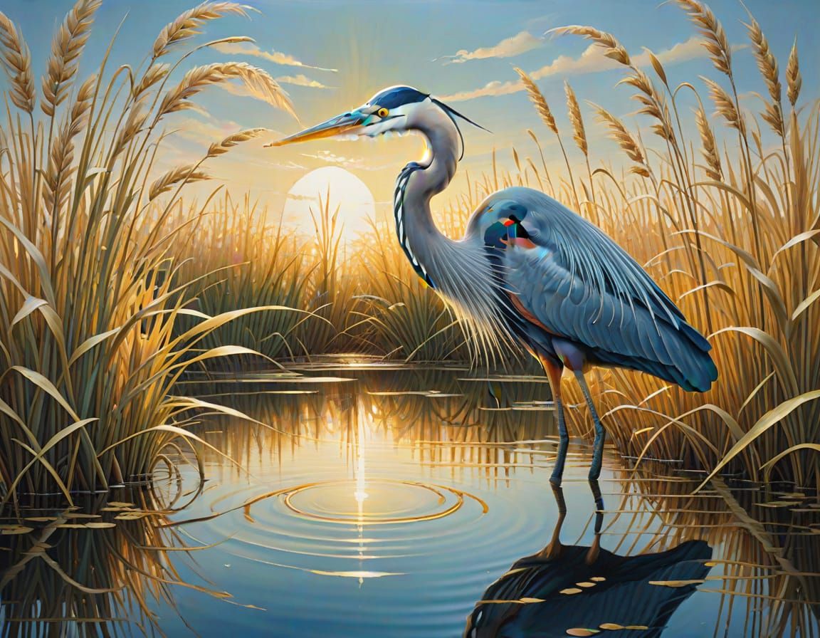 Blue Heron Kintsugi Art in Surrealist Oil Painting Style