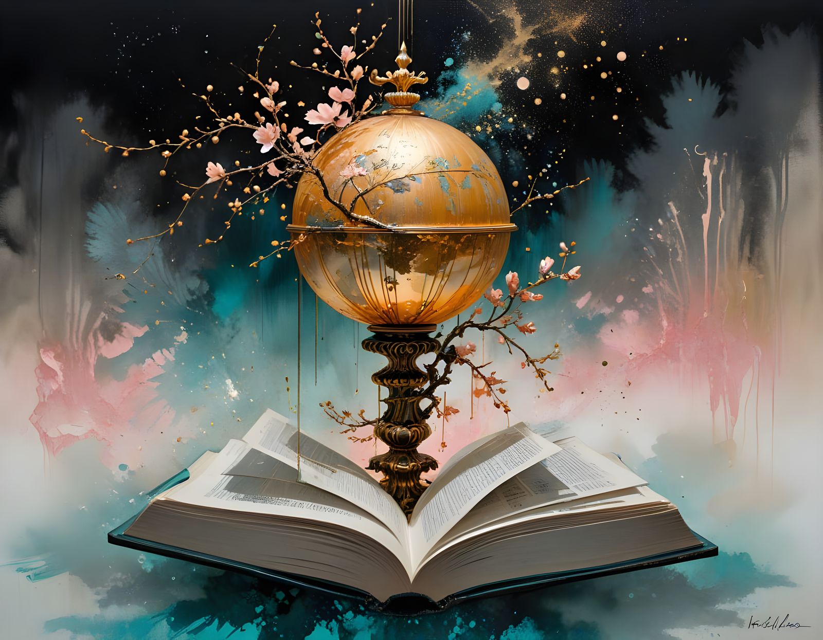 Sumi-e Ikebana: Golden Book Sculpture with Neon Smoke