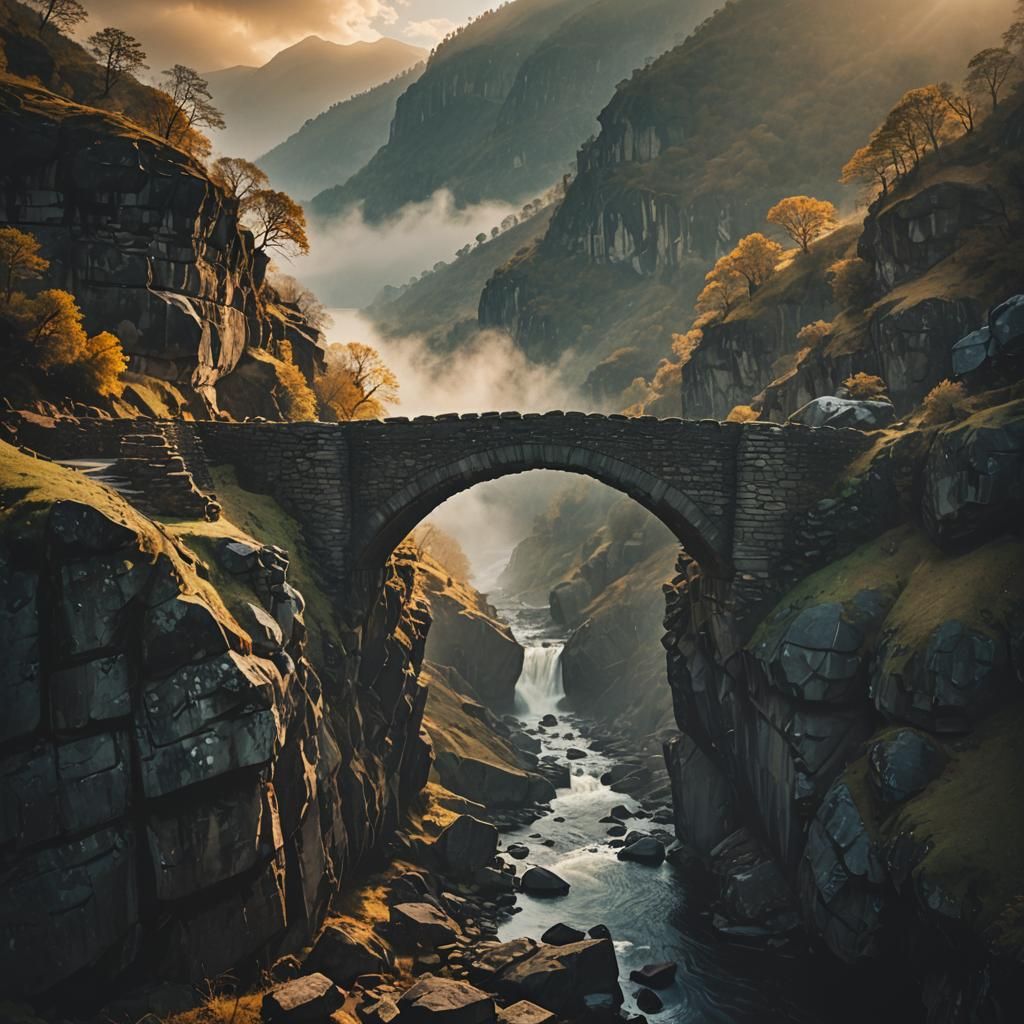 Dramatic Stone Bridge Over Gorge at Sunset