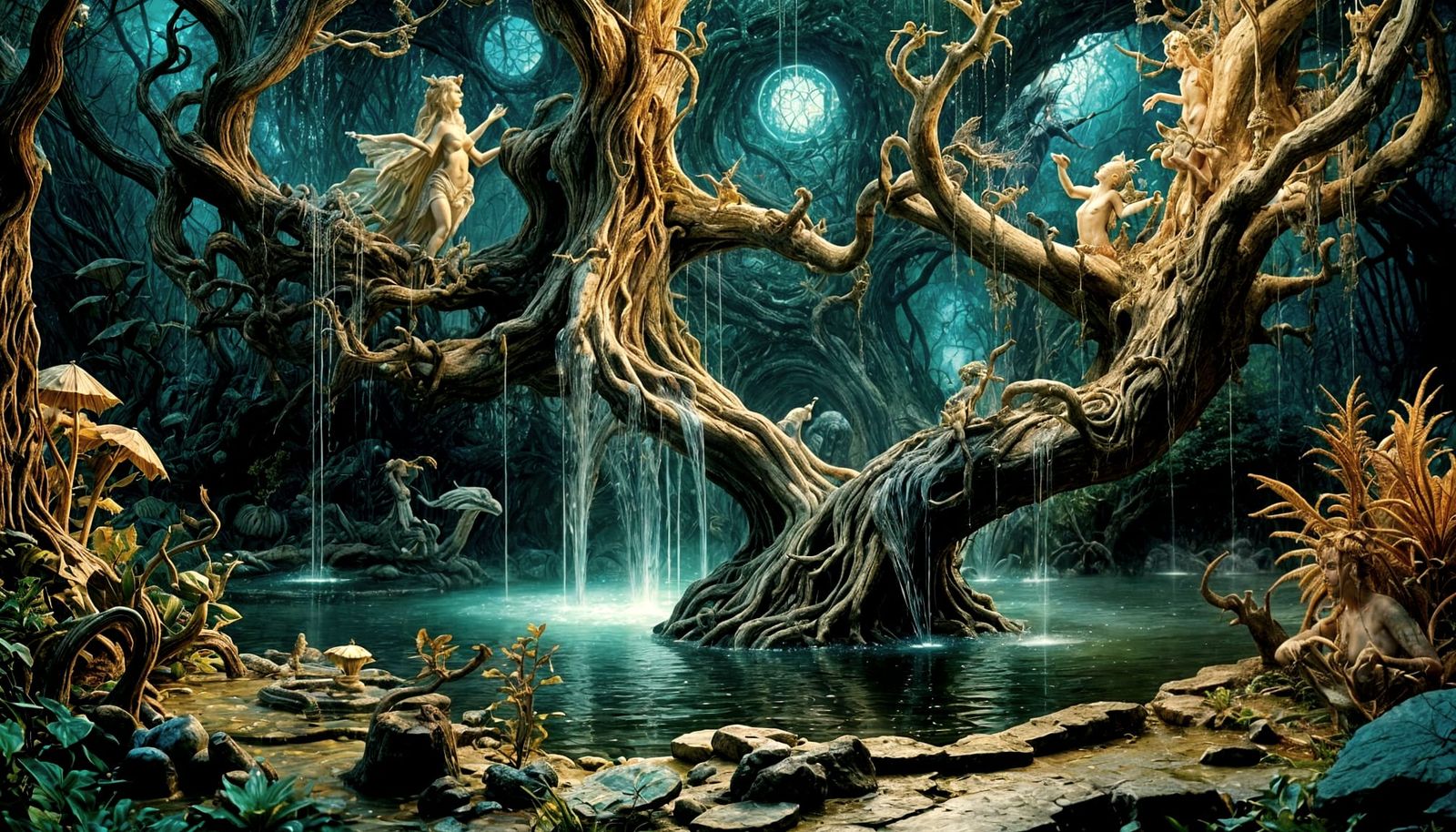 Mystical Fountain with Nymphs and Surreal Creatures