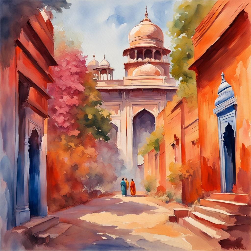 India in Gouache Style Watercolor Painting