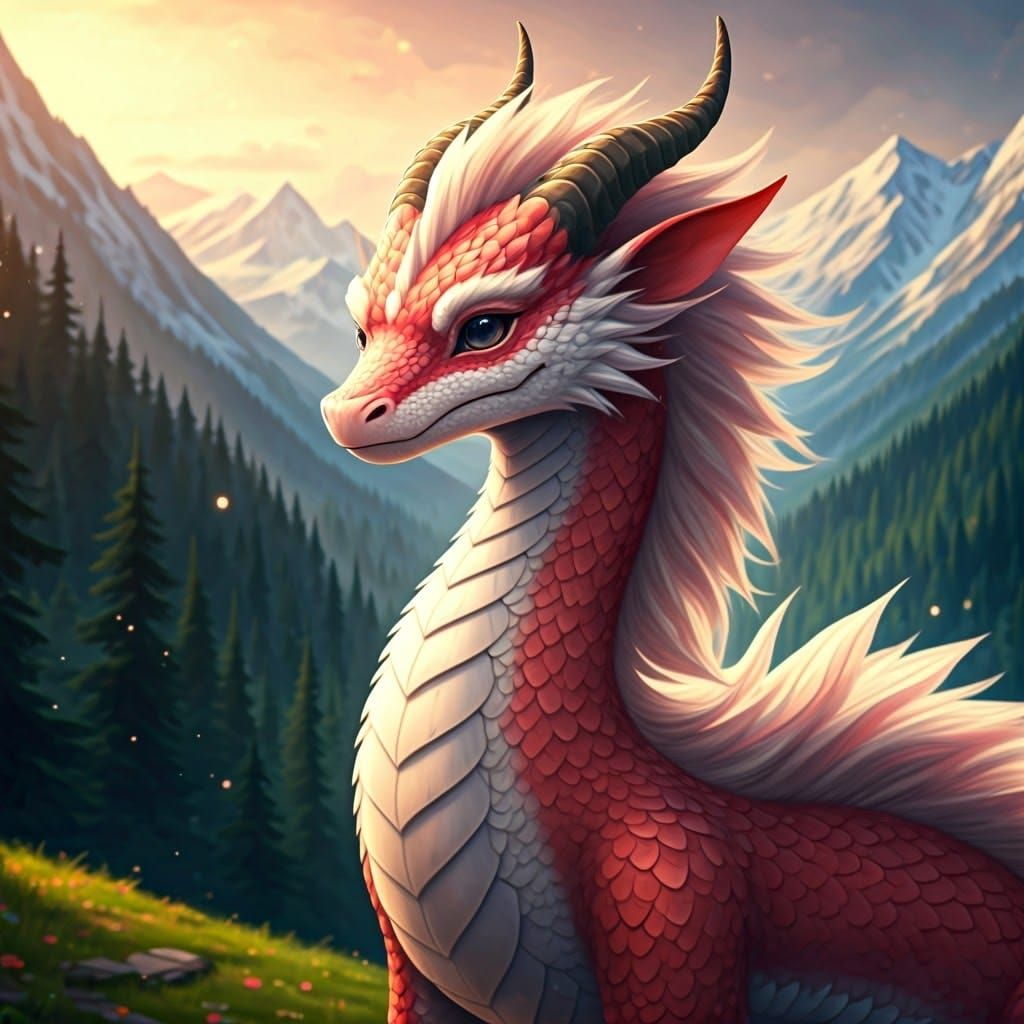Kawaii Dragon in Fantasy Landscape, Anime Style