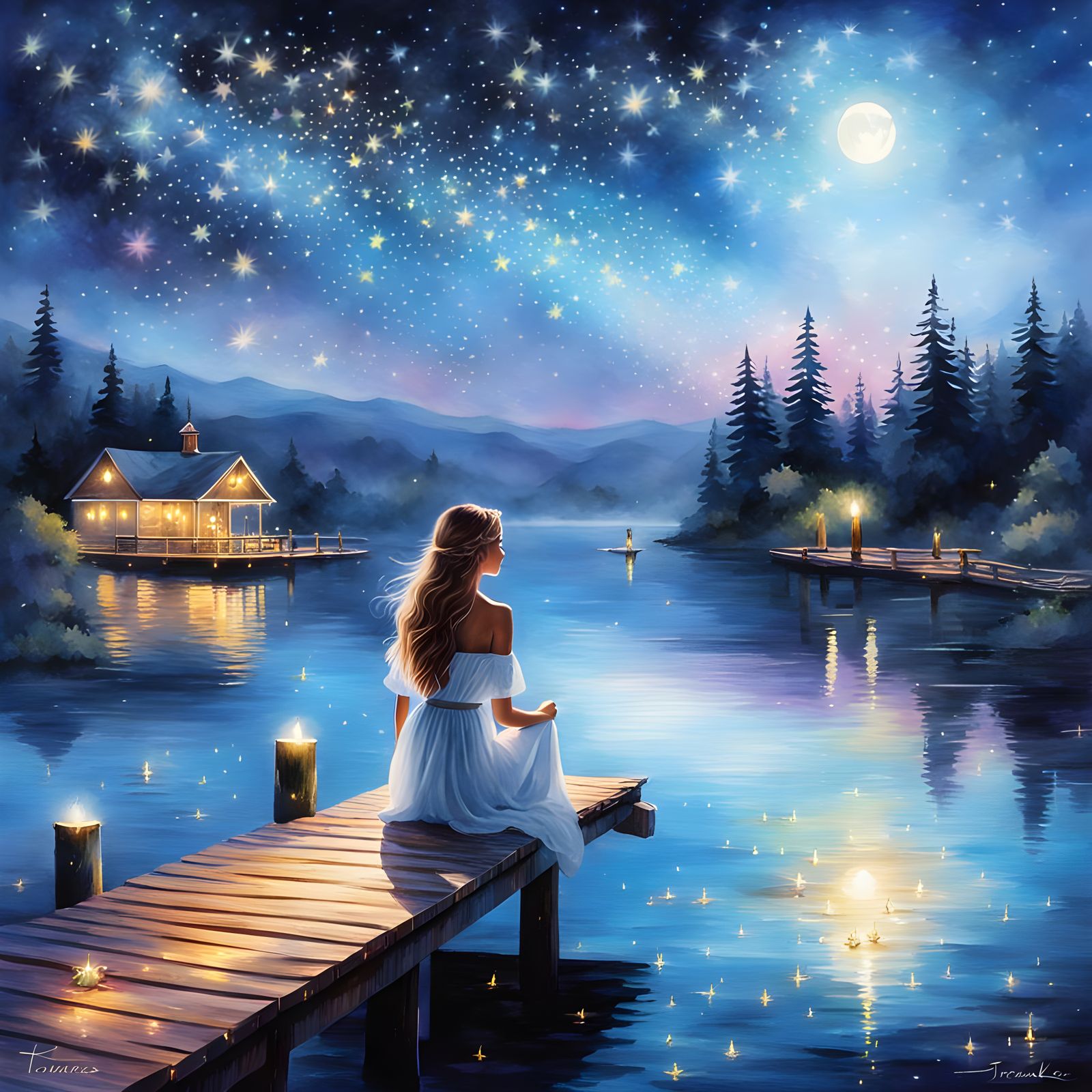 Woman on Pier Under Moonlight in Digital Watercolor