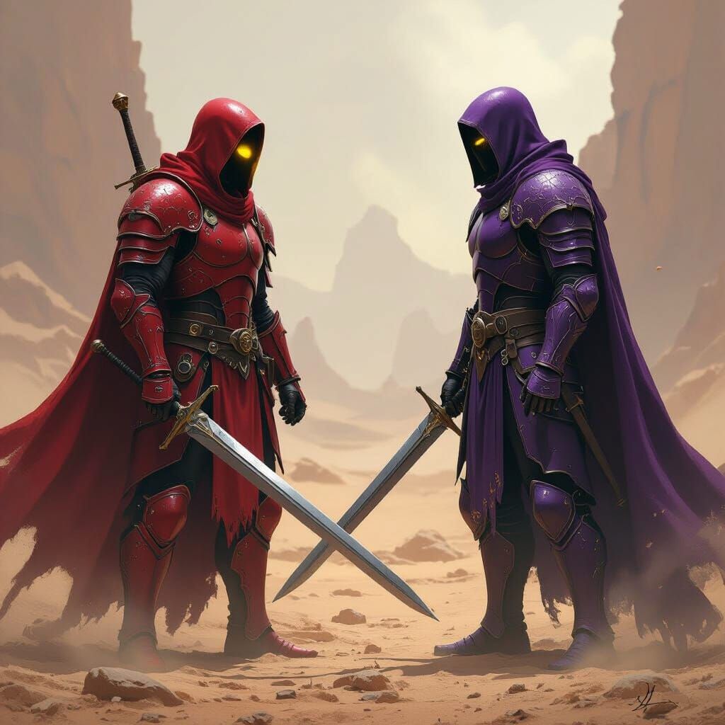 Red vs Purple Warriors in Dusty Wasteland Standoff
