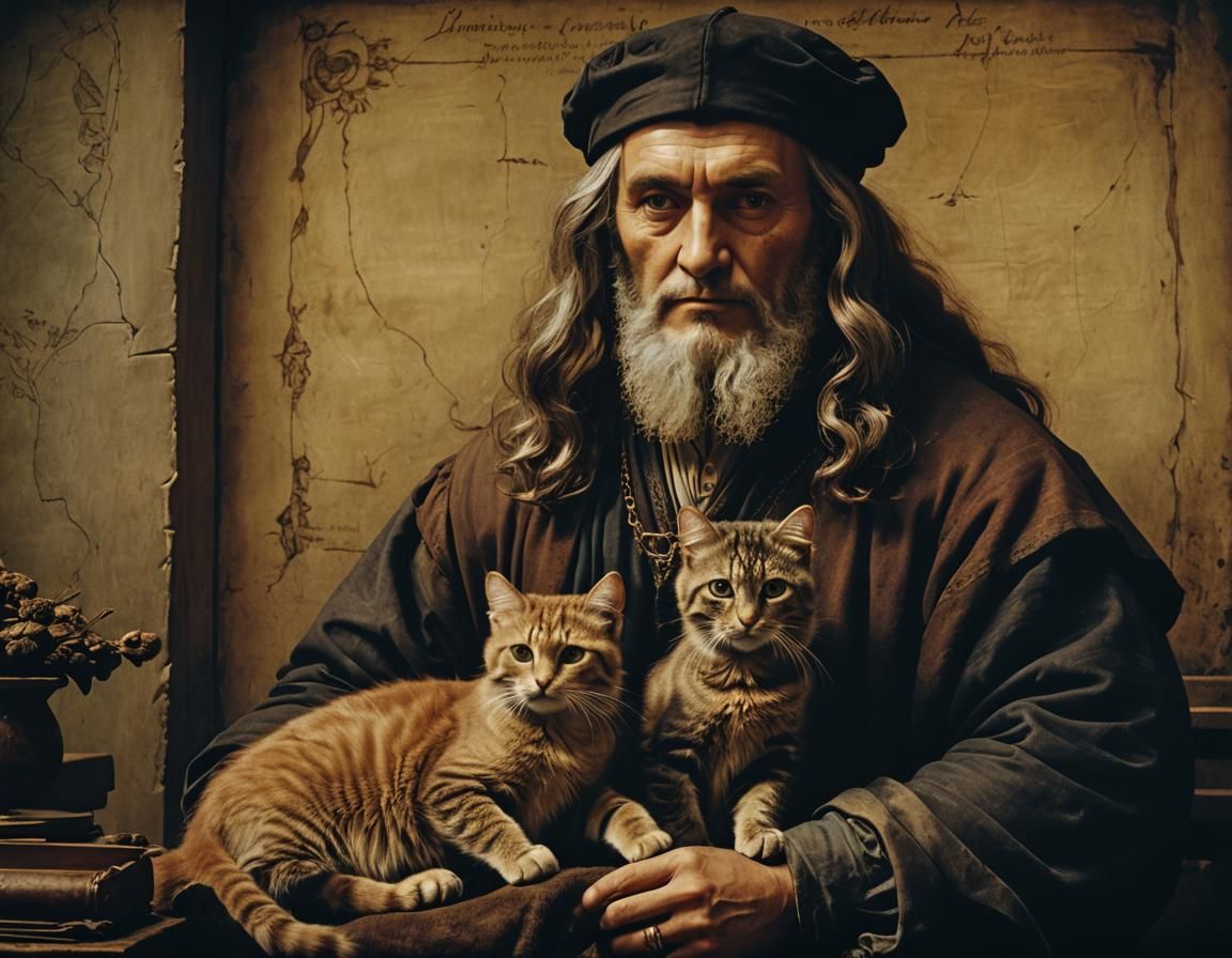 DaVinci and Cat in Cinematic Film Still
