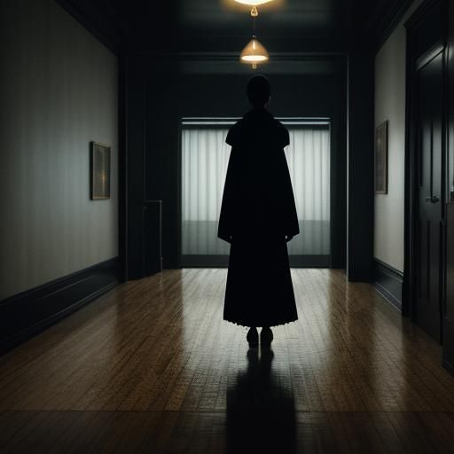 Cinematic Film Still: Lone Figure in Shadowy Room