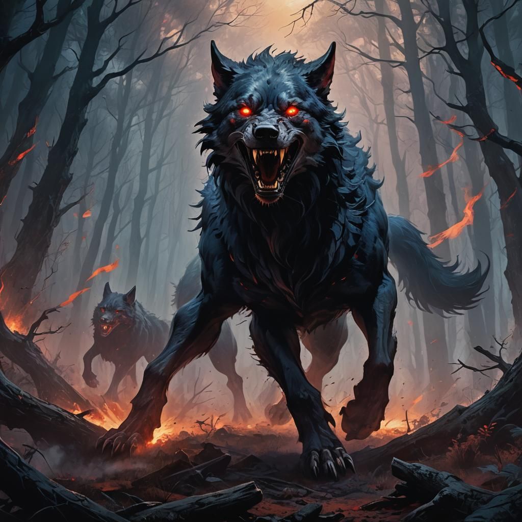 Fenrir Attacks in Dark Forest: Dark Fantasy Art