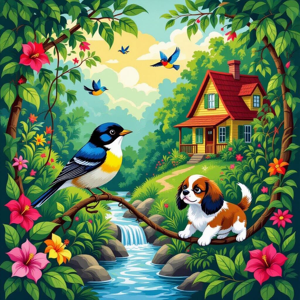 Extinct Warbler and Puppy in Lush Jungle