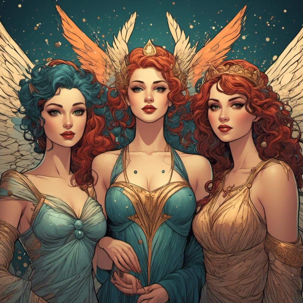 Whimsical Fairy Trio in Comic Book Style
