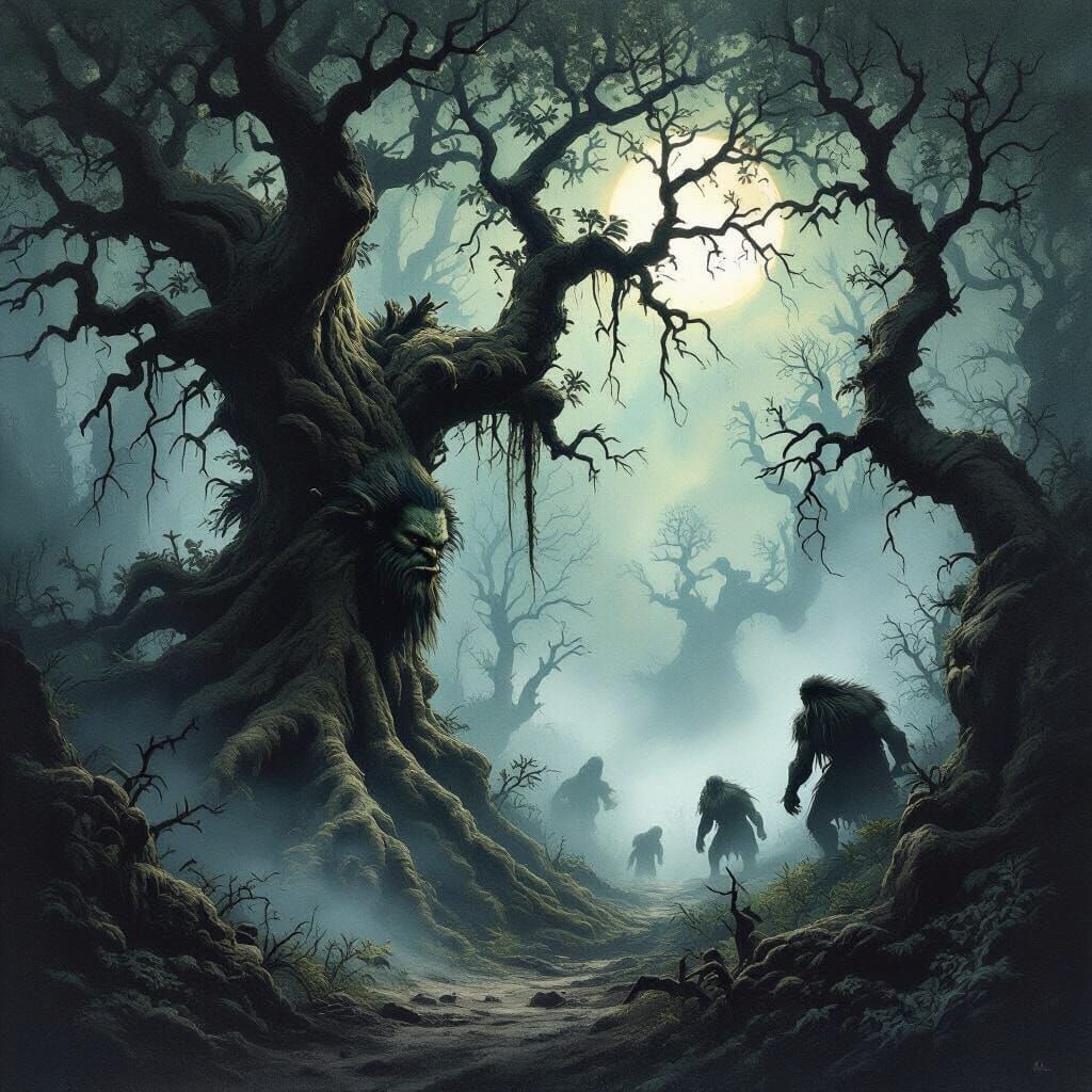 Dark Forest Ogre Encounter in Frazetta Style