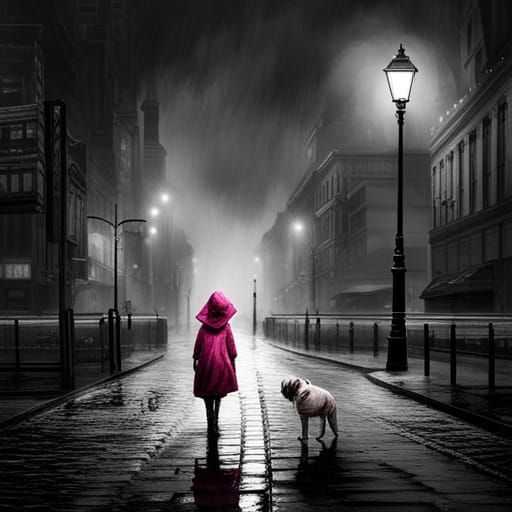 Girl Walks Dog in Rainy City Night