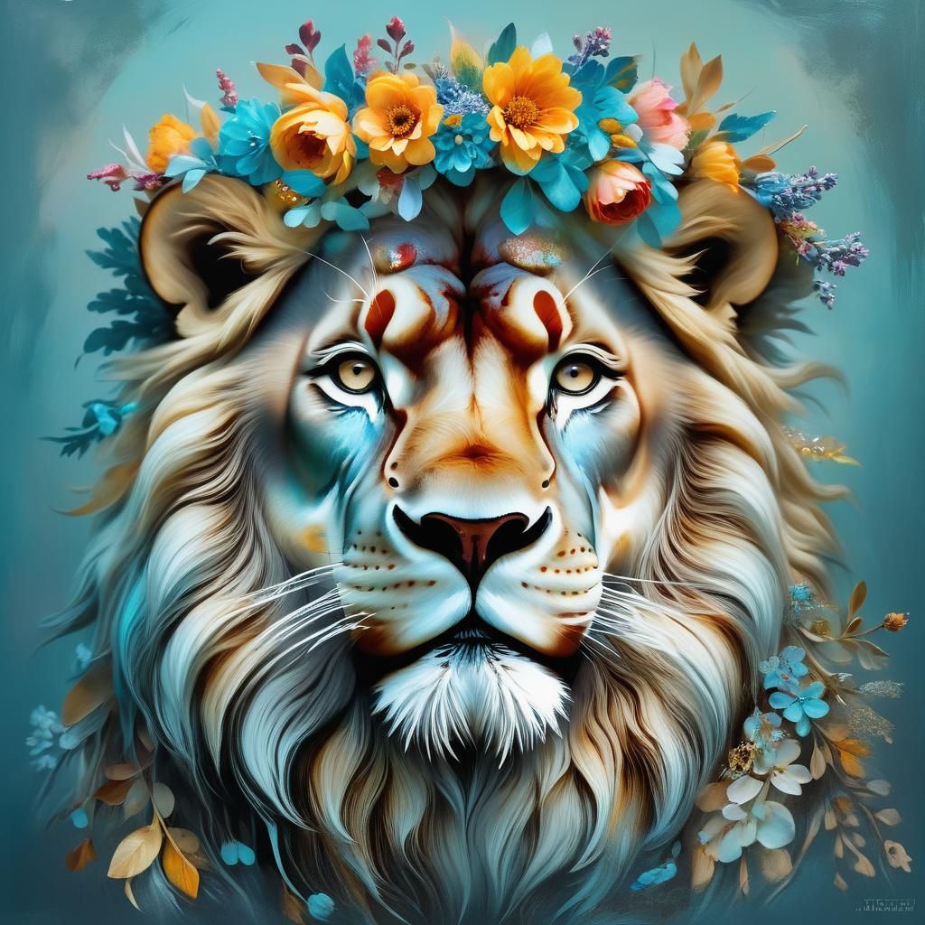 Majestic Lion with Flower Crown in Impasto Style