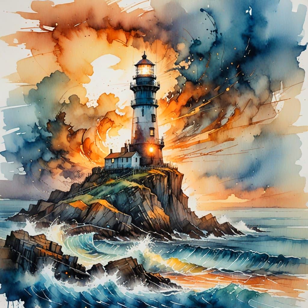 Weathered Lighthouse at Sunset, Rugged Coastal Landscape