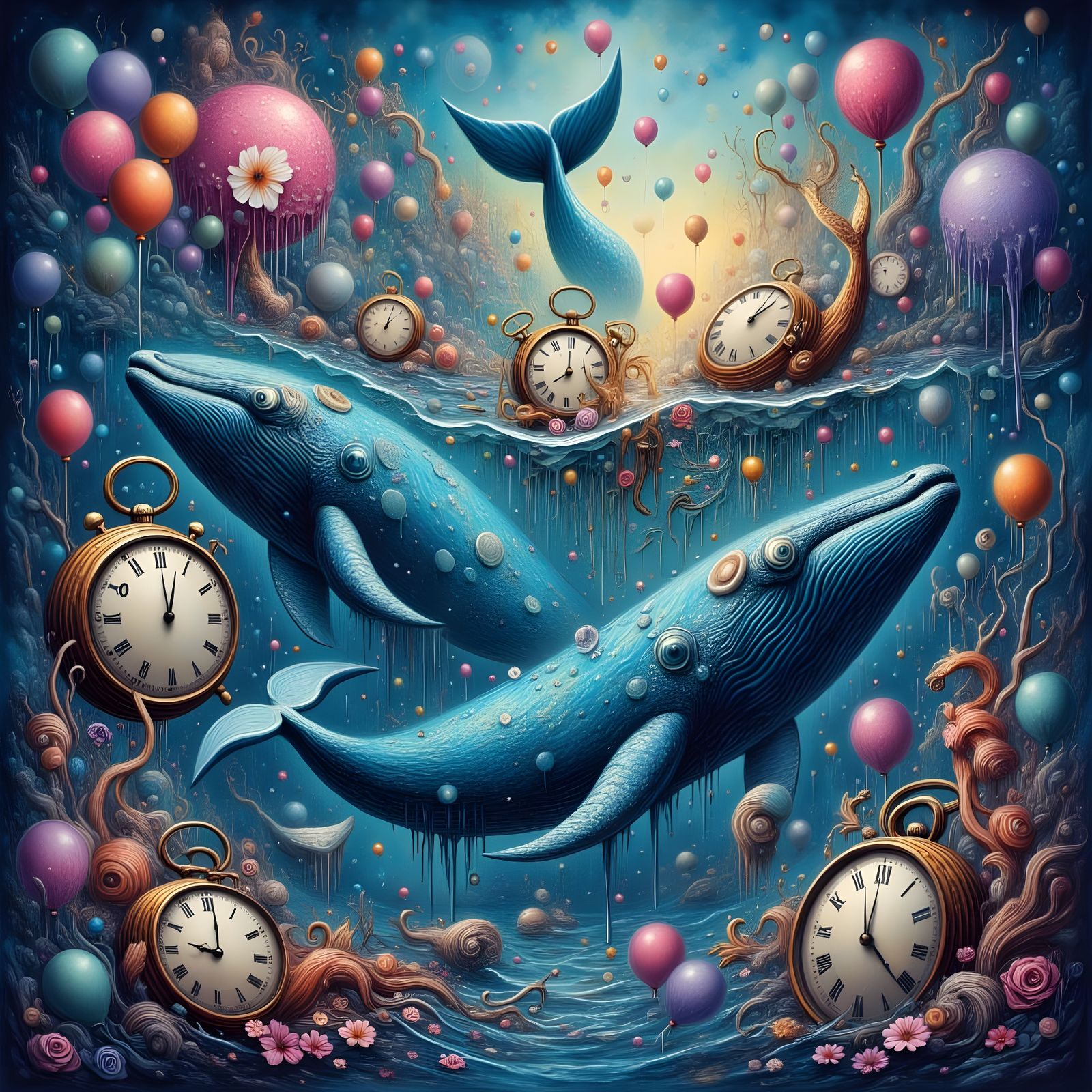 Surreal Whales with Chaotic Dripping Paint and Melting Clock...