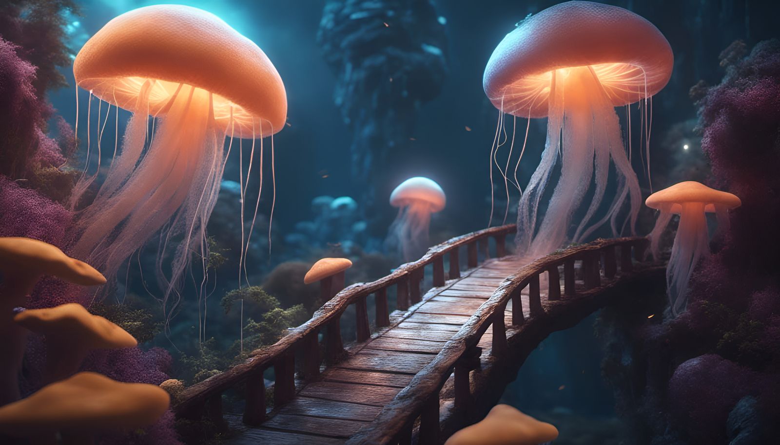 Bioluminescent Celestial Bridge with Jellyfish and Mushrooms