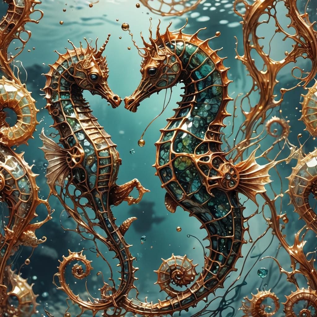 Copper Ferrofluid Seahorses in Anime Style