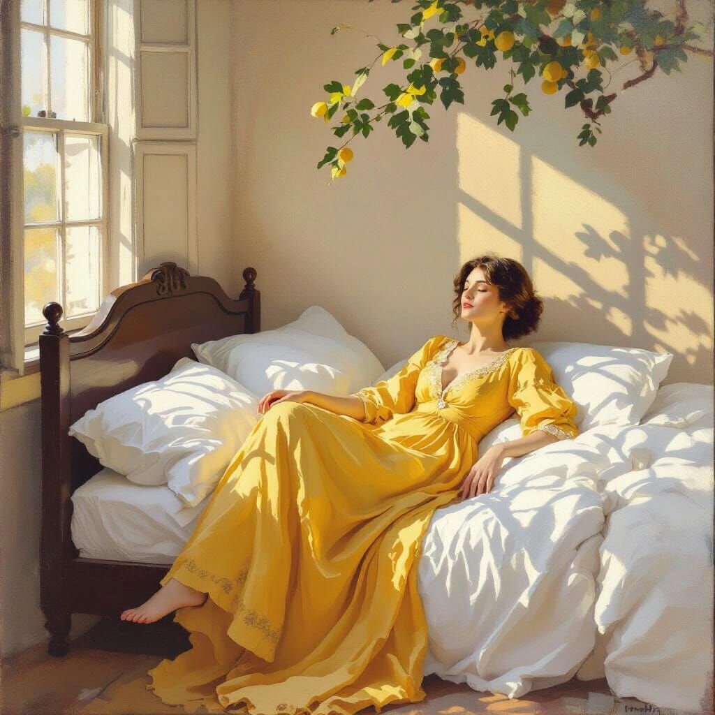 Woman in Yellow Dress Asleep, Impressionist Style