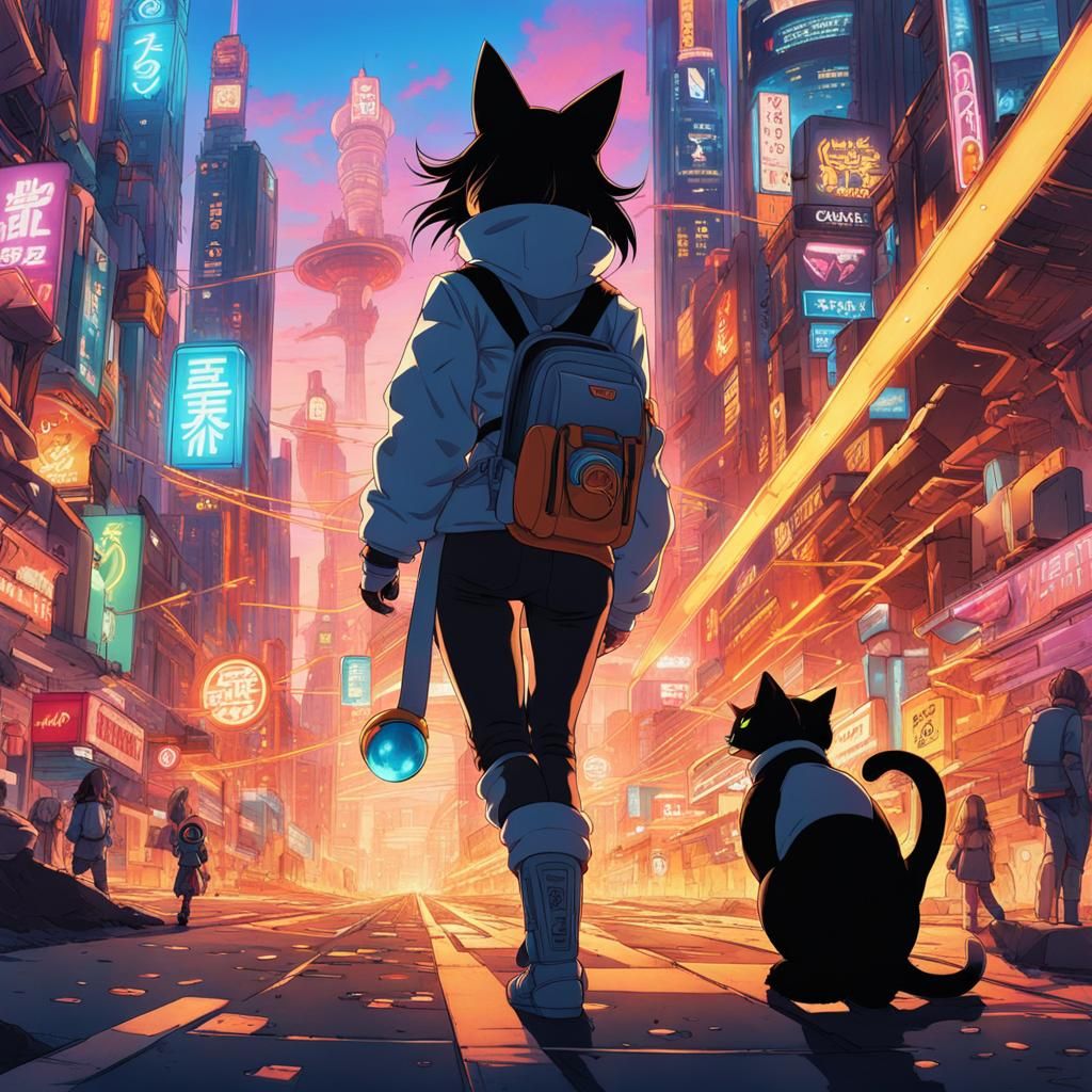 Android Cat in a Neon Anime Cityscape