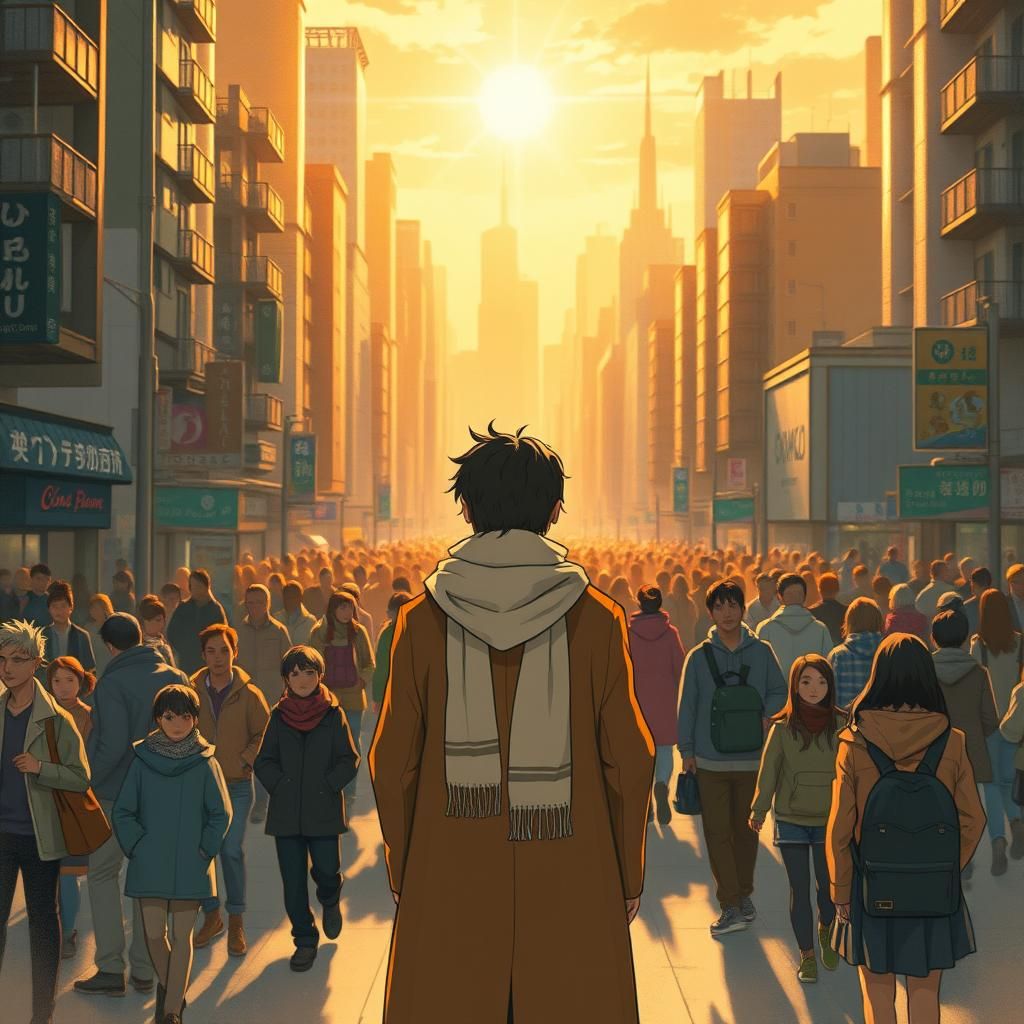 Solitary Figure in Bustling Cityscape, Anime Style