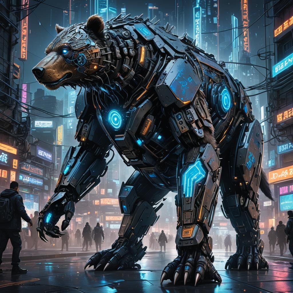 Cyberpunk Mechanical Bear Prowls Neon City