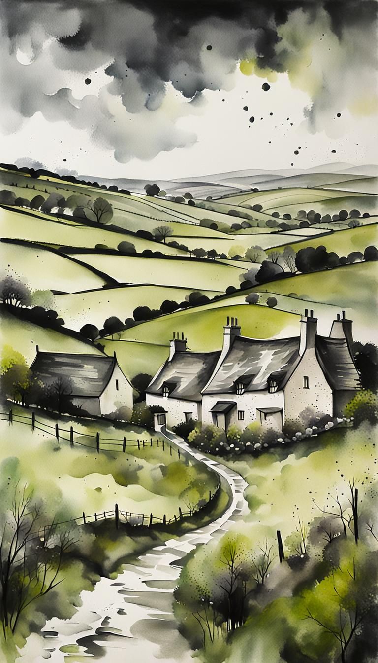 Cotswold Landscape in Ink Splatter Style