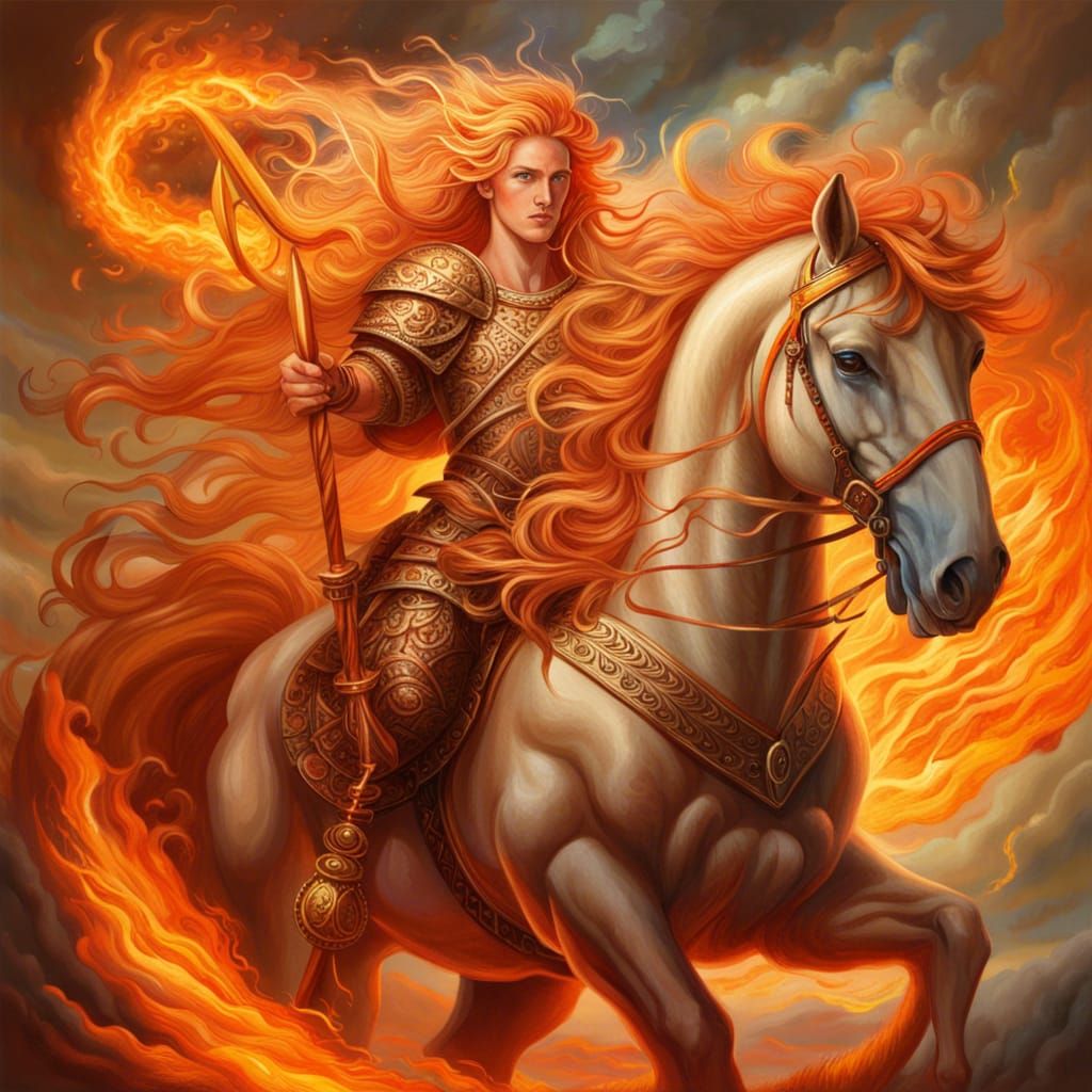 Sagittarius on Fiery Battlefield with Spear of Light