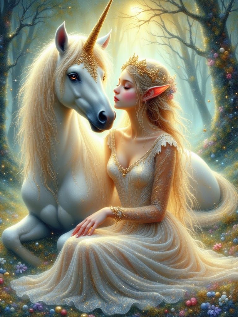 Elf Maiden and Unicorn in Dreamy Mythological Realm