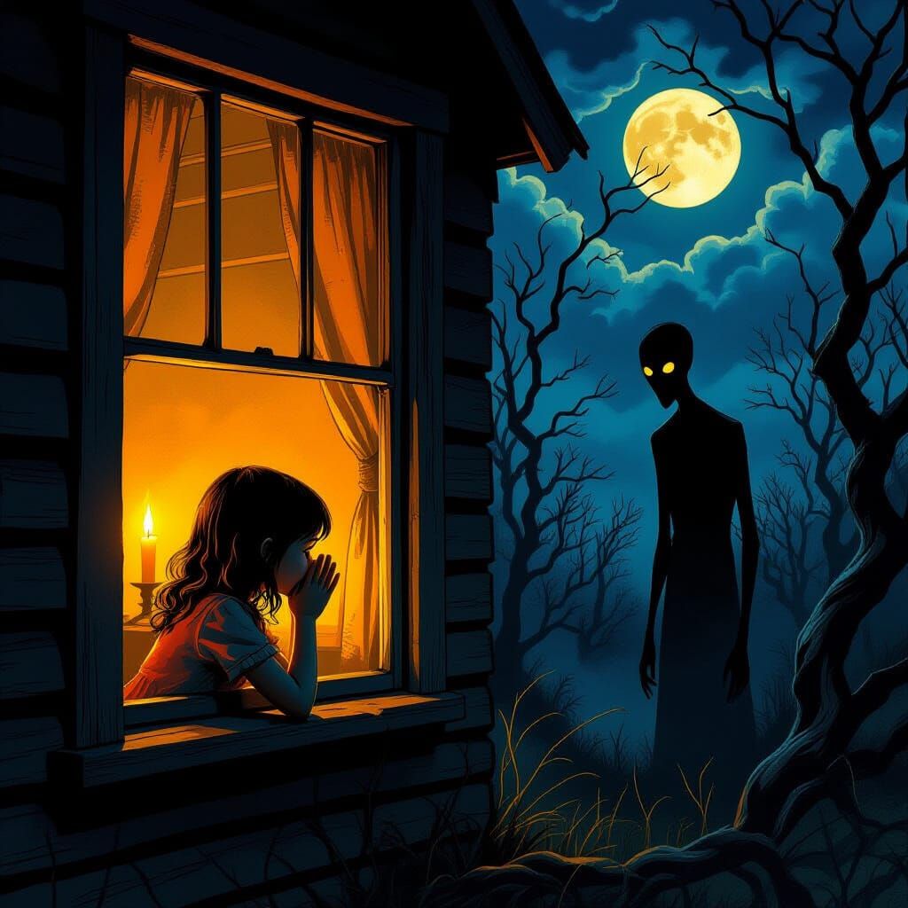Eerie Cabin Scene with Girl and Lurking Figure