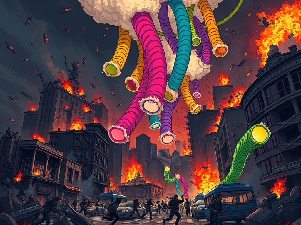 Apocalyptic Cityscape Under Siege by Glowing Pool Noodles