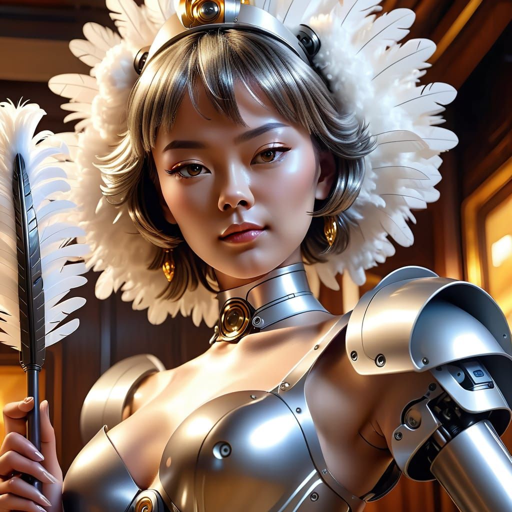 Anatomically correct female robot maid holding  feather-duster in scanty maid costume detailed matte painting Sorayama