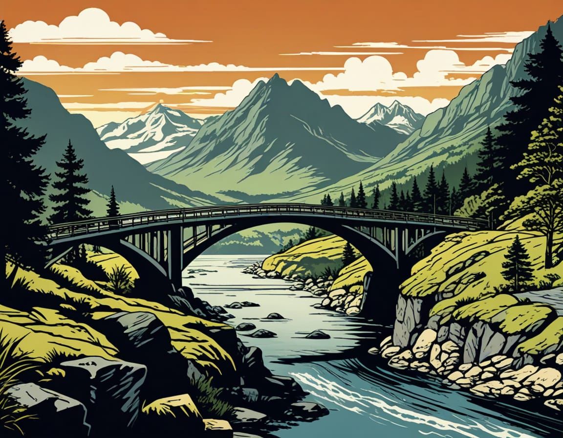 Retro Bridge Scene in Vintage Comic Book Style