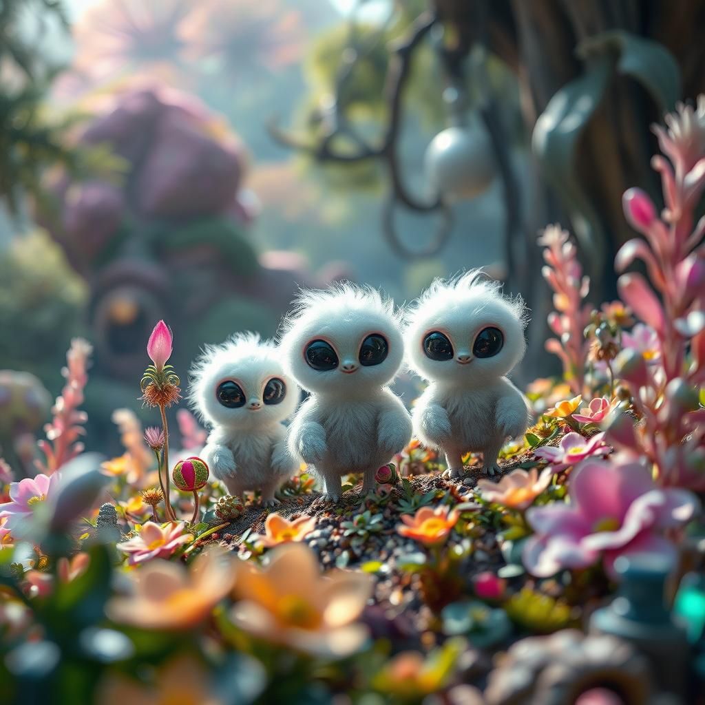 Fluffy Aliens on Mystical Forest Planet in Sci-Fi Art