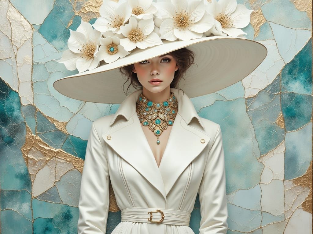 Elegant Woman in Art Deco-Inspired Satin White Hat