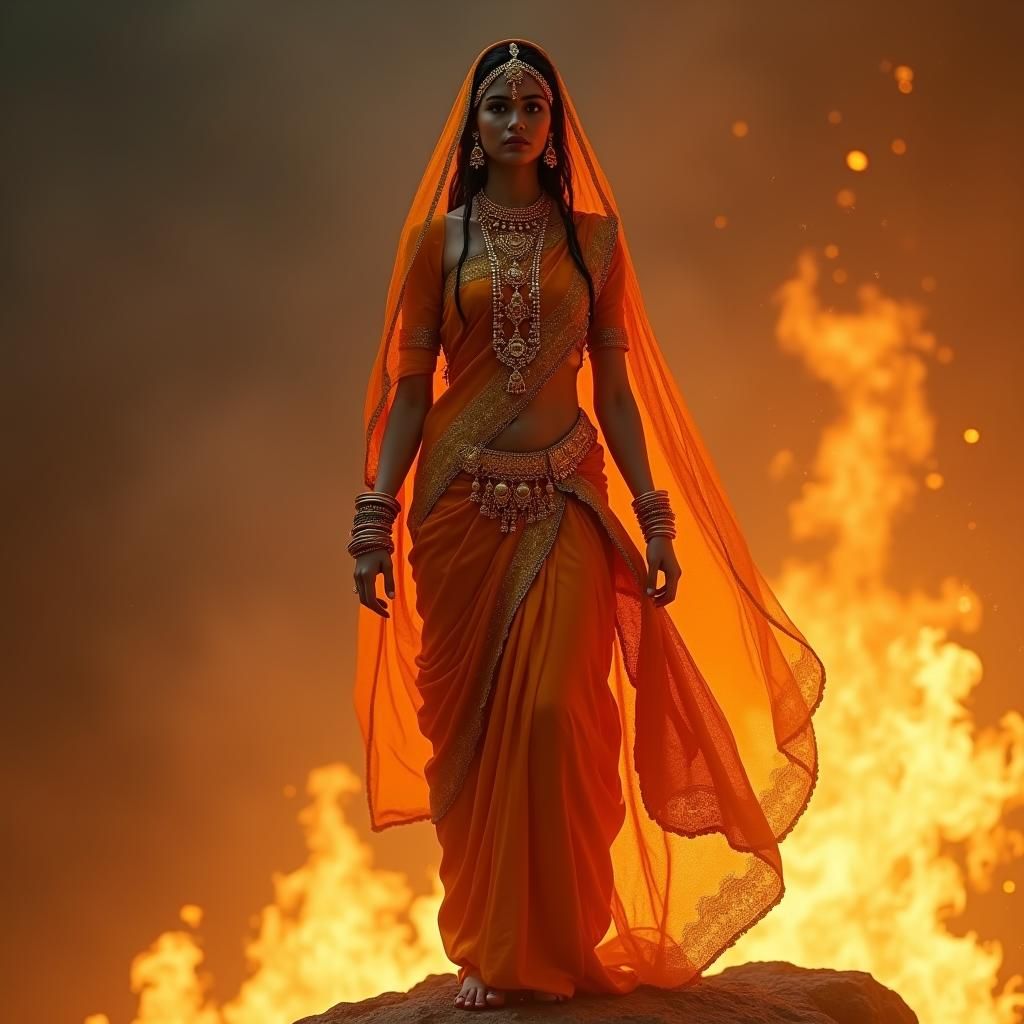 Indian Rajput Princess at Fire's Edge in Dark Fantasy Style