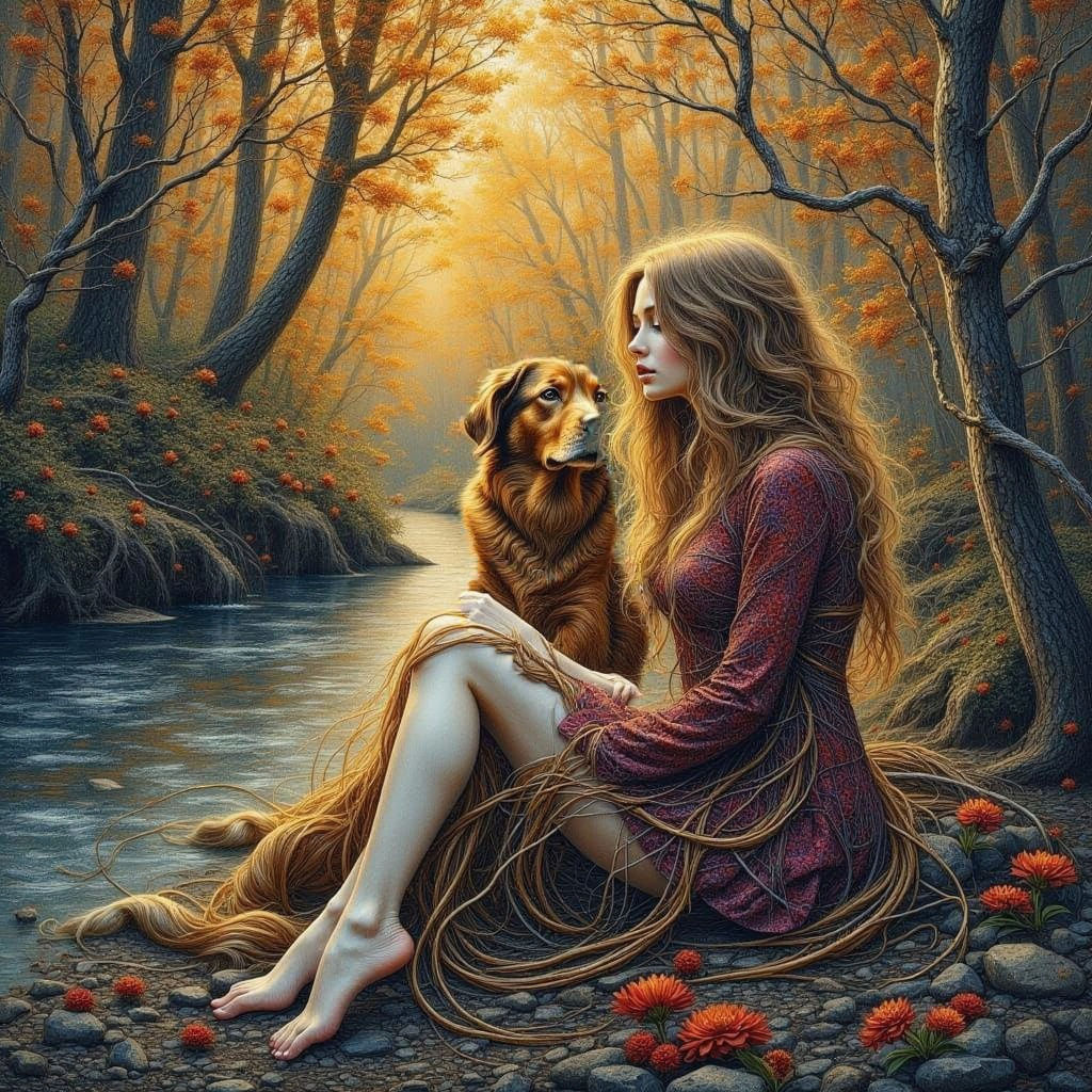 Woman and Dog by River, Impressionist Oil Painting