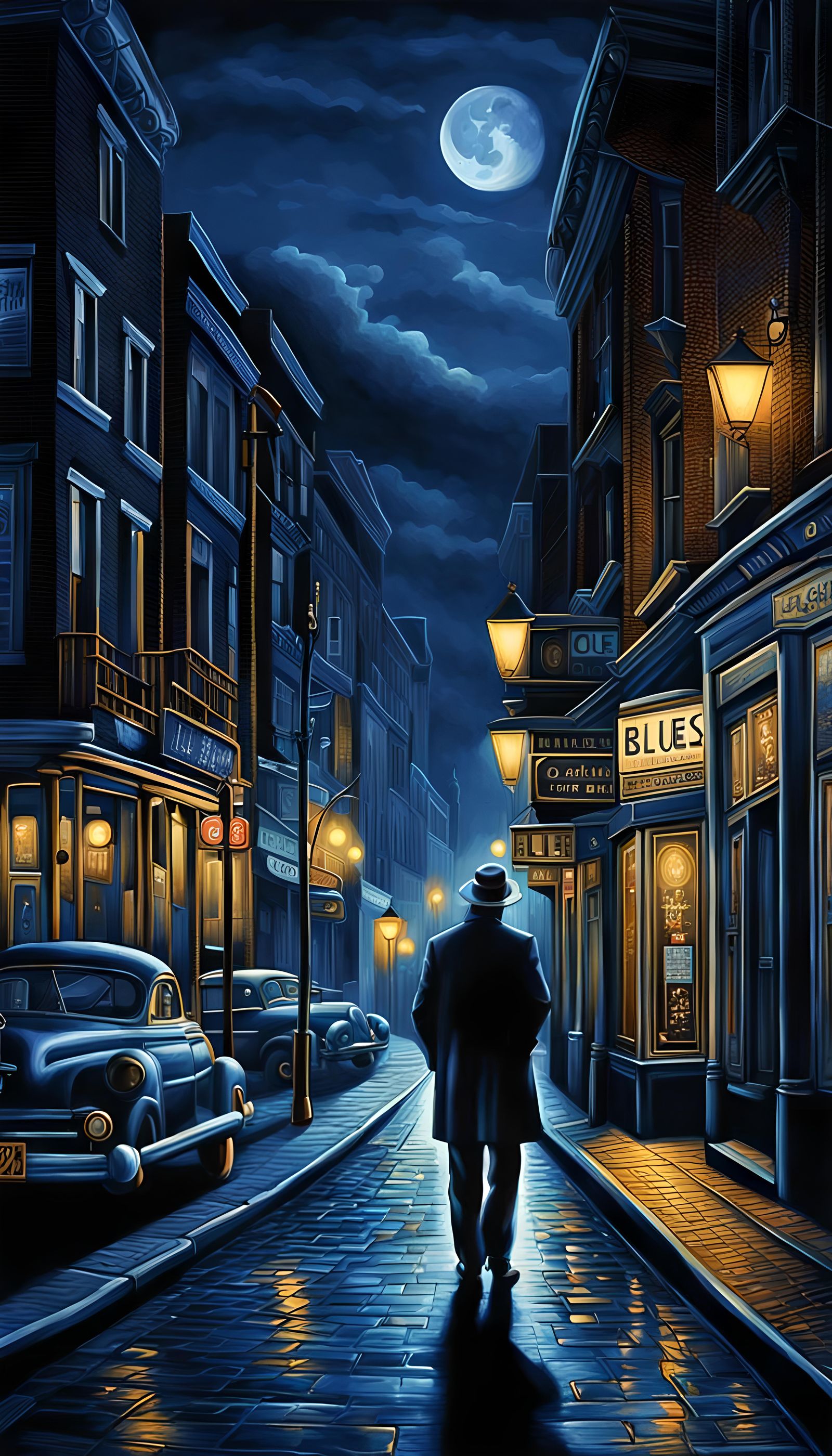 Moonlit Blues Artwork: Solitary Figure in Jazz Club