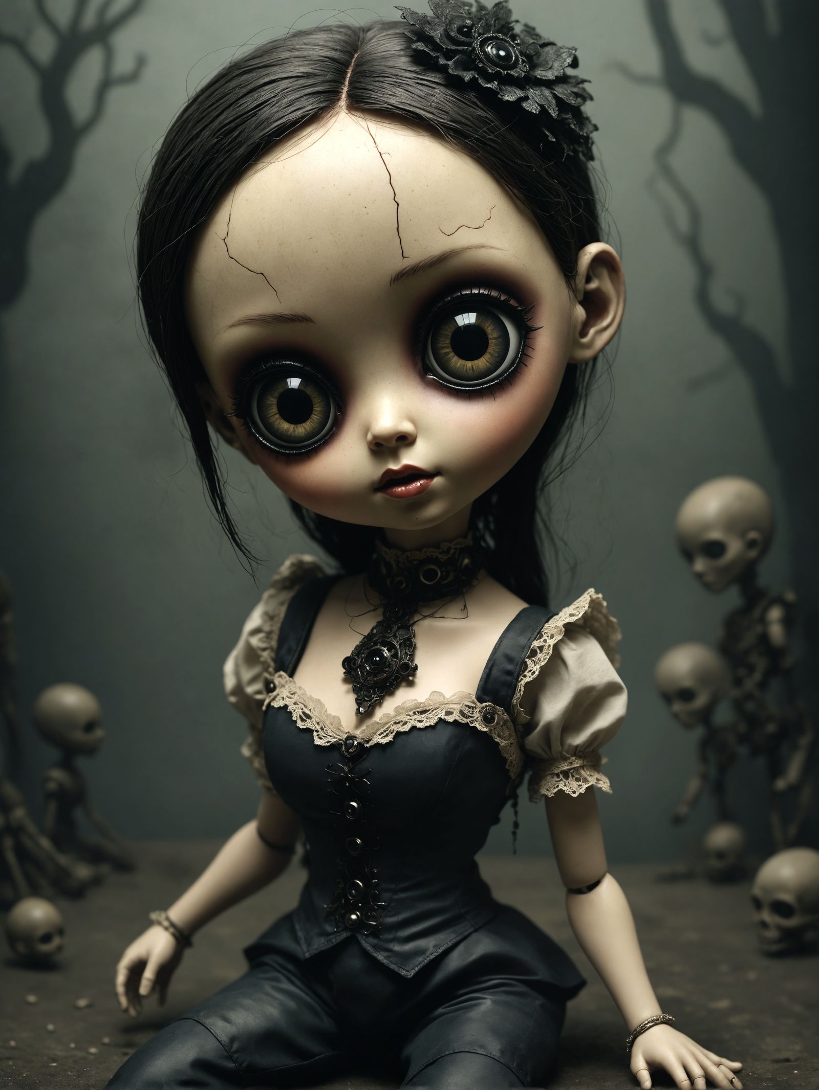 Creepy Chibified Wind-Up Doll in Dark Fantasy Style